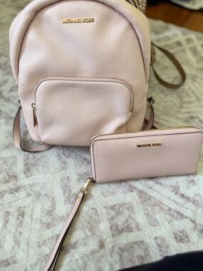 Michael Kors Pale Pink Leather Backpack and Zip Wallet Set